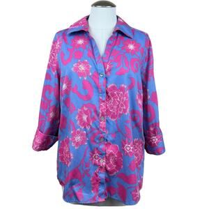 Women's Foxcroft Wrinkle Free Shaped Floral 3/4 Sleeve Cotton Casual Shirt sz 14